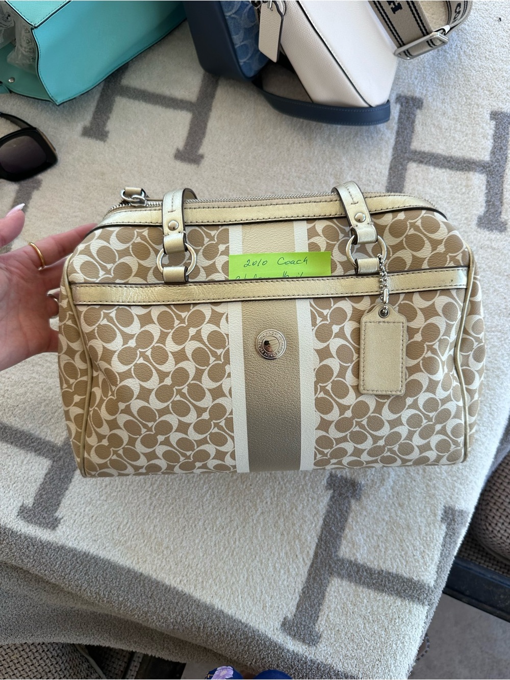Coach Chelsea Heritage Signature Satchel in Beige and White Trim
